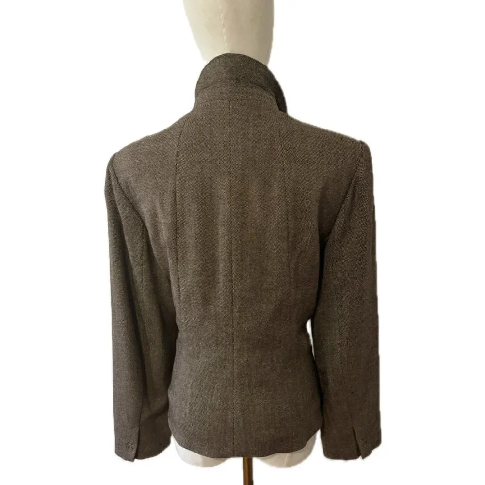 90s MINIMALIST TAN & BLACK WOVEN WOOL BLEND LINED CROPPED BLAZER CARLSON 10P - Picture 3 of 13